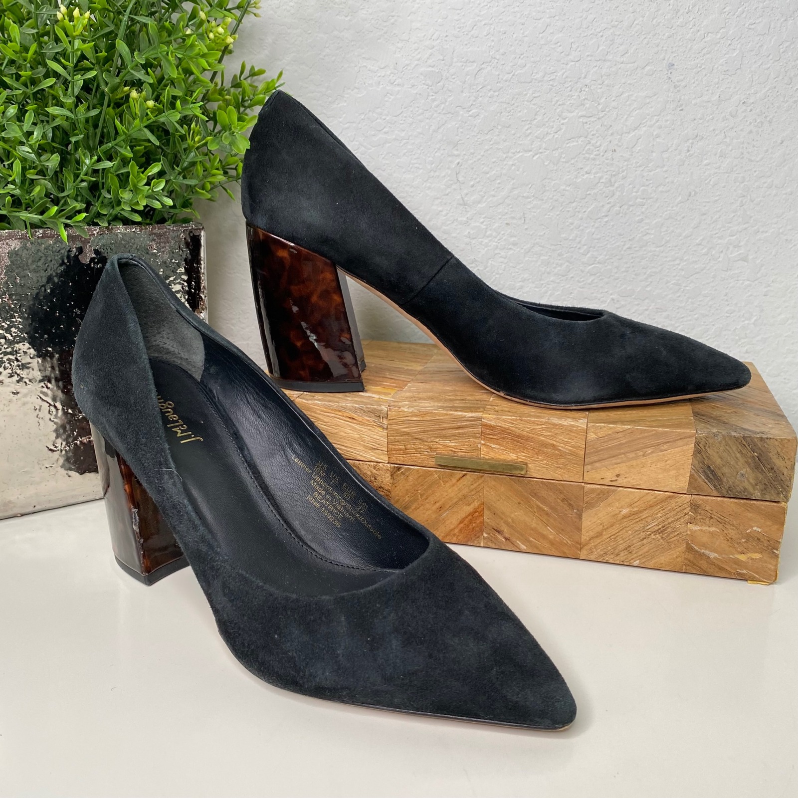 J. Mclaughlin Beatrice Black Suede Pointed Toe Tortoiseshell Block Heel Size 10
